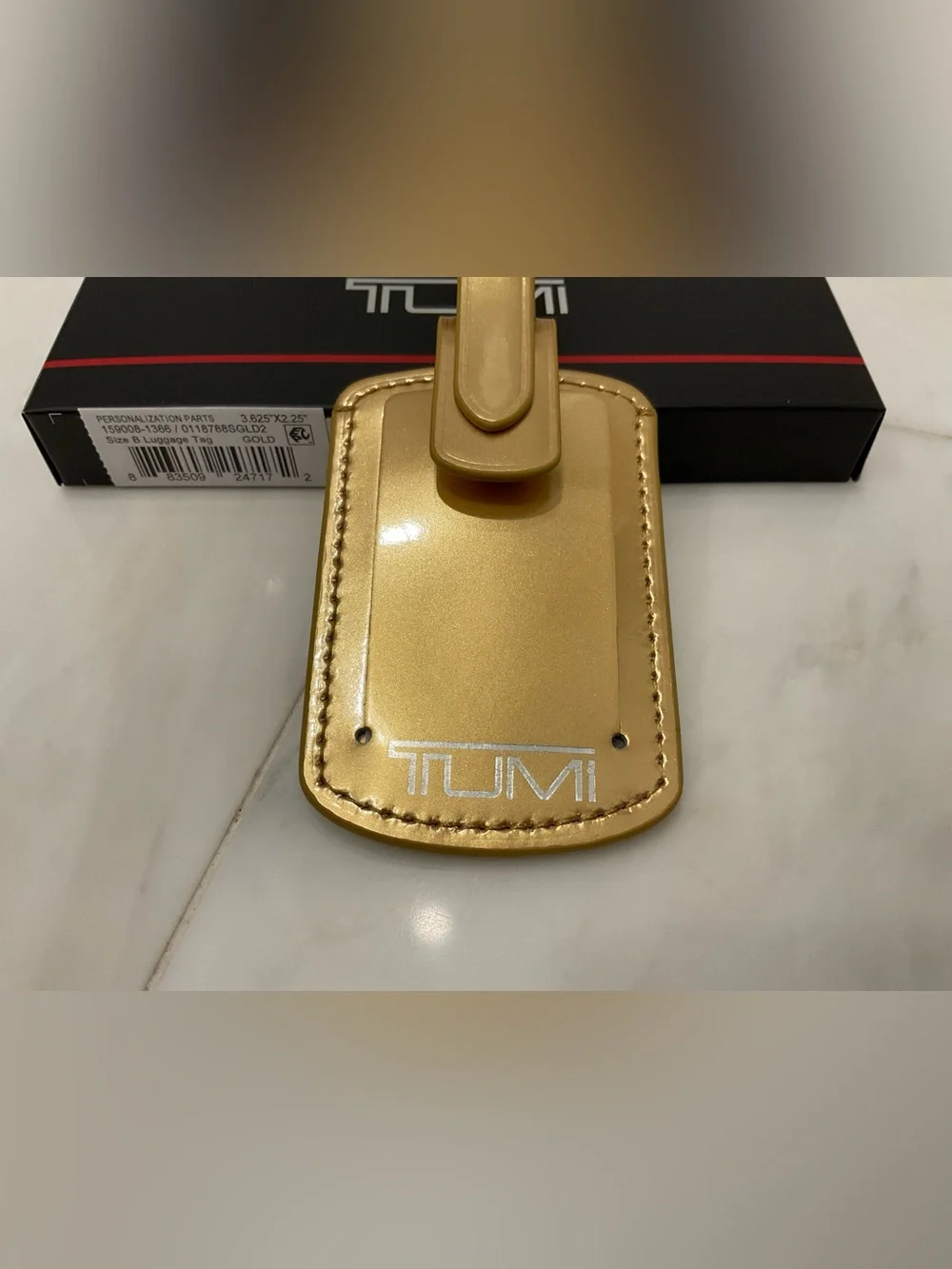 NEW Tumi 3.625” x 2.25” Leather Luggage Name Tag w/ Buckle - METALLIC GOLD